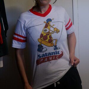 Satanic Panic Ringer Tee Pizza Baseball Funny